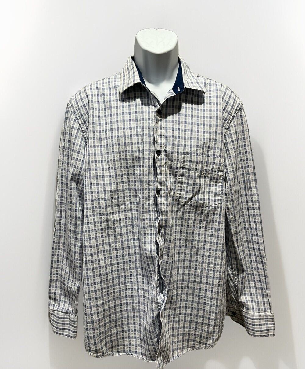 Tasso Elba Mens Dress Shirt Blue White Plaid 100% Cotton XL 17-17.5